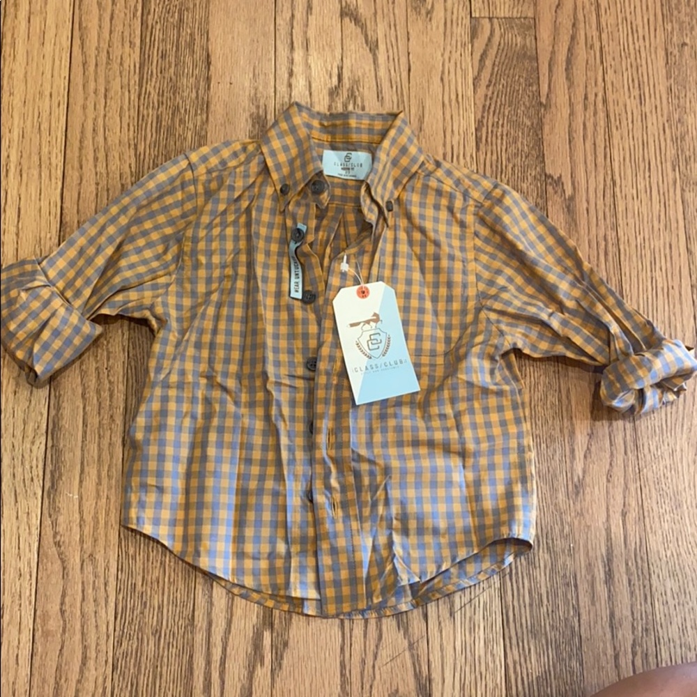 Long sleeve plaid dress shirt yellow bluish grey